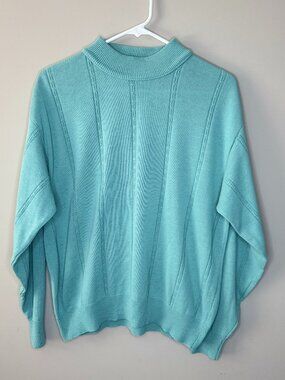 Vintage Southern Lady Sweater Womens Aqua Blue Mock Neck 90s Minimal Cozy Knit M